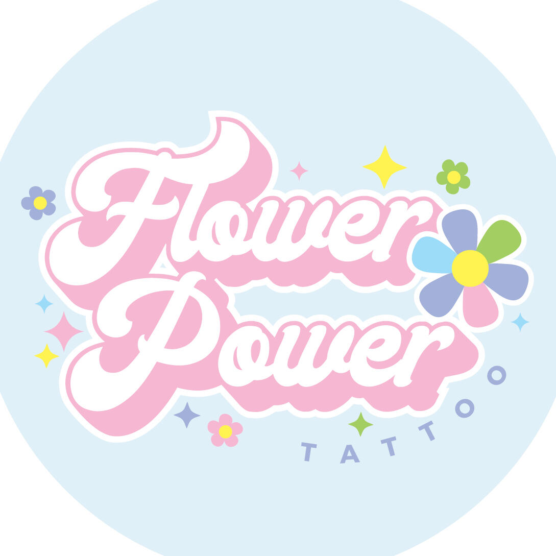 Image with text “flower power tattoo” in a retro font